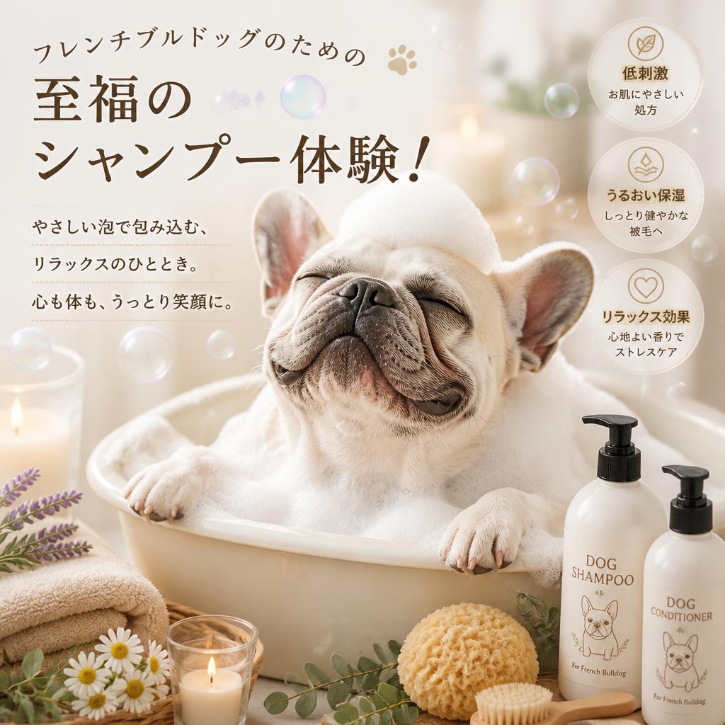 フレンチブルドッグのための至福のシャンプー体験！