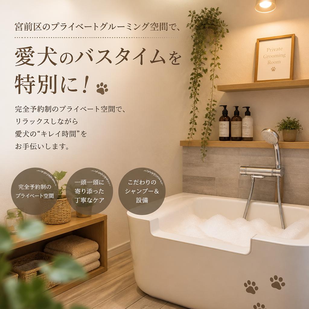 宮前区のプライベートグルーミング空間で、愛犬のバスタイムを特別に！