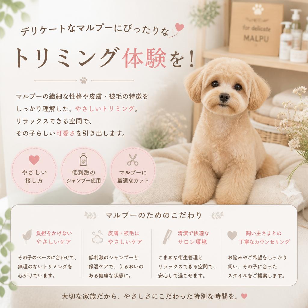 デリケートなマルプーにぴったりなトリミング体験を！
